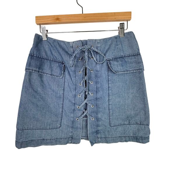The Impeccable Pig Lace Up Chambray  Denim Mini Skirt M - Picture 1 of 7